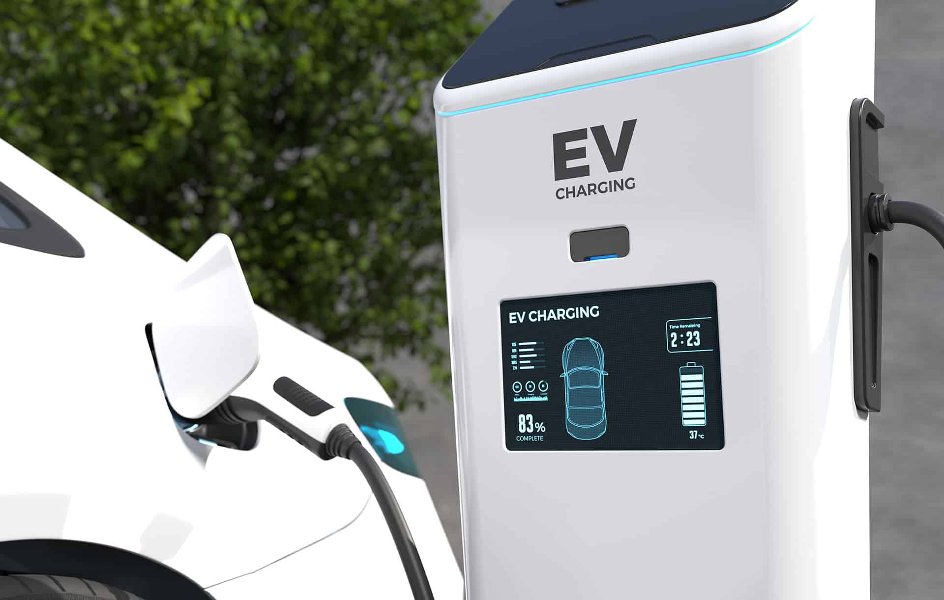 EV Charging Station, Clean energy filling technology, Electric car charging. 3D illustration